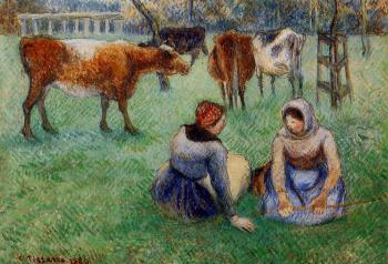 Camille Pissarro : Seated Peasants Watching Cows